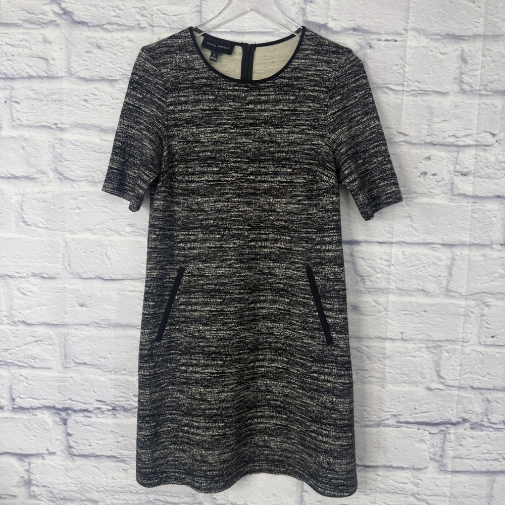 Donna‎ Morgan Black White Marled Knit Shift Dress Faux Pockets Womens Size 6
